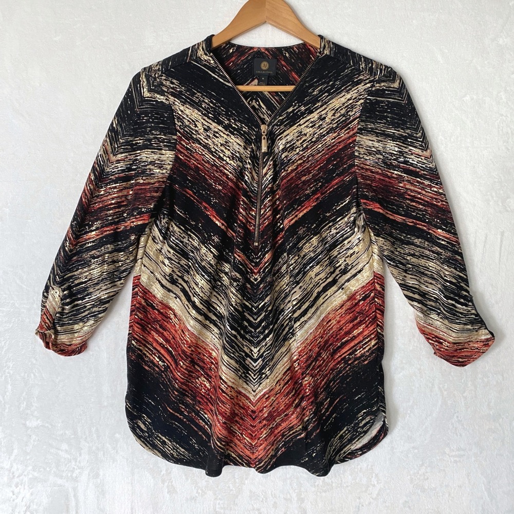JM‎ Collection Women's Size M Black Gold Red Geometric Print Zipper Top Blouse